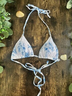 Blue and White Floral Triangle Bikini Top